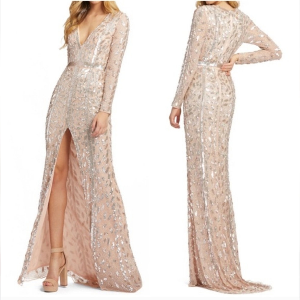 MAC DUGGAL Embellished Long Sleeve Rose Gold Sequined Evening Gown NEW Size 8